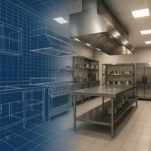 a square image blending a blueprint of a commercial kitchen on the left to a completed kitchen on the right
